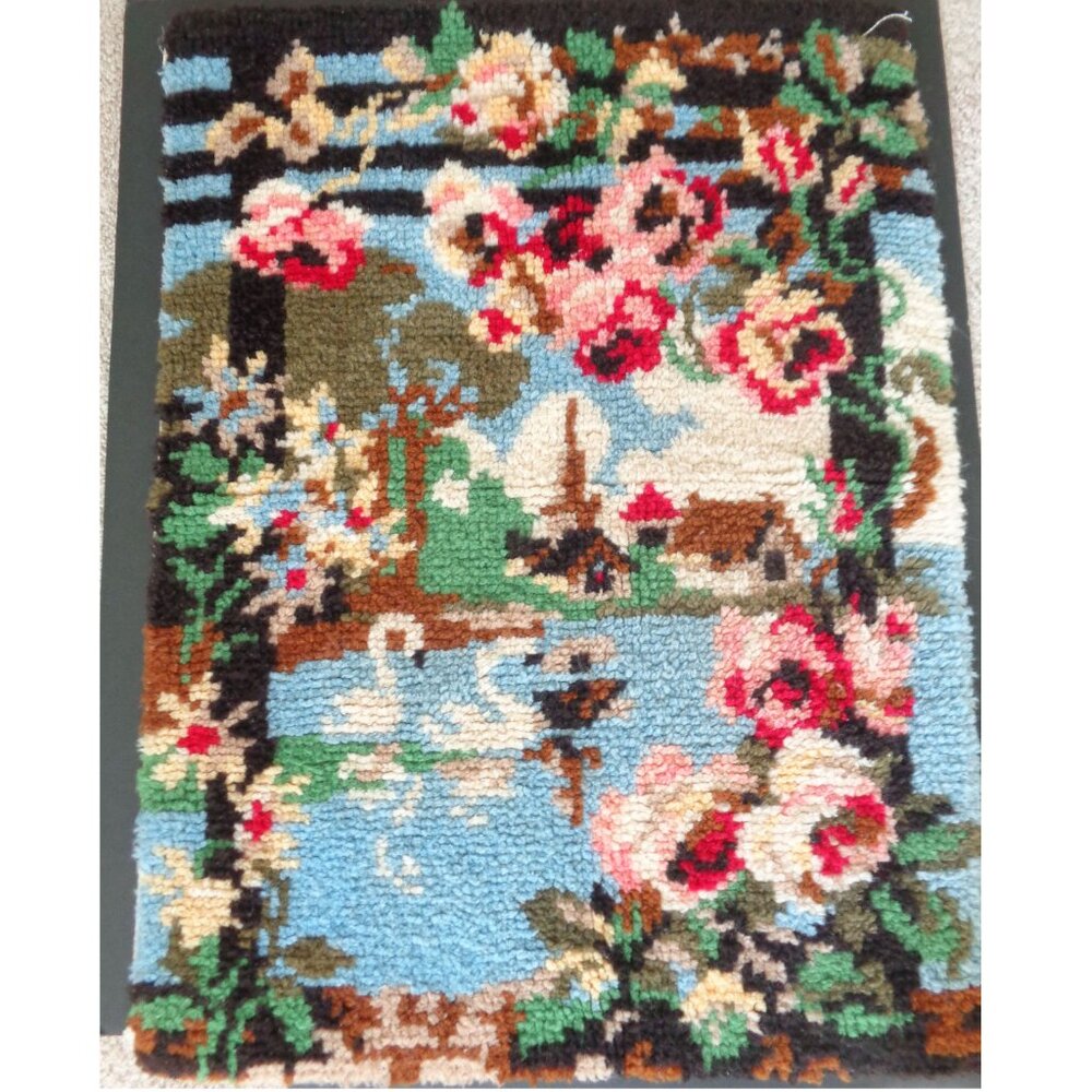 Vintage Handmade Shillcraft Latch Hook Rug Completed Springtime Roses Swans - Picture 2 of 11